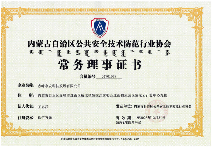 安全技术防备行业协会常务理事证书